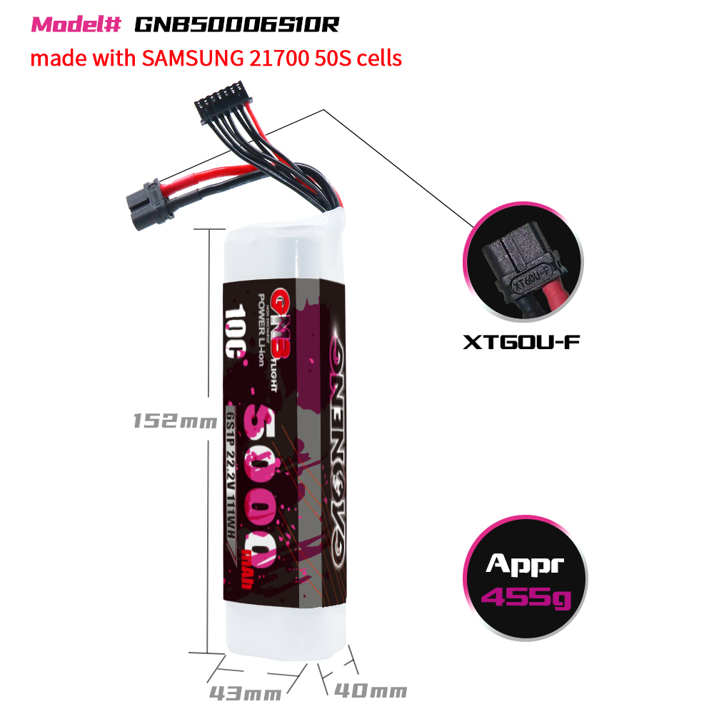 GAONENG GNB 6S 22.2V 5000mAh 10C XT60 Li-ion Battery made with Samsung 21700 50S