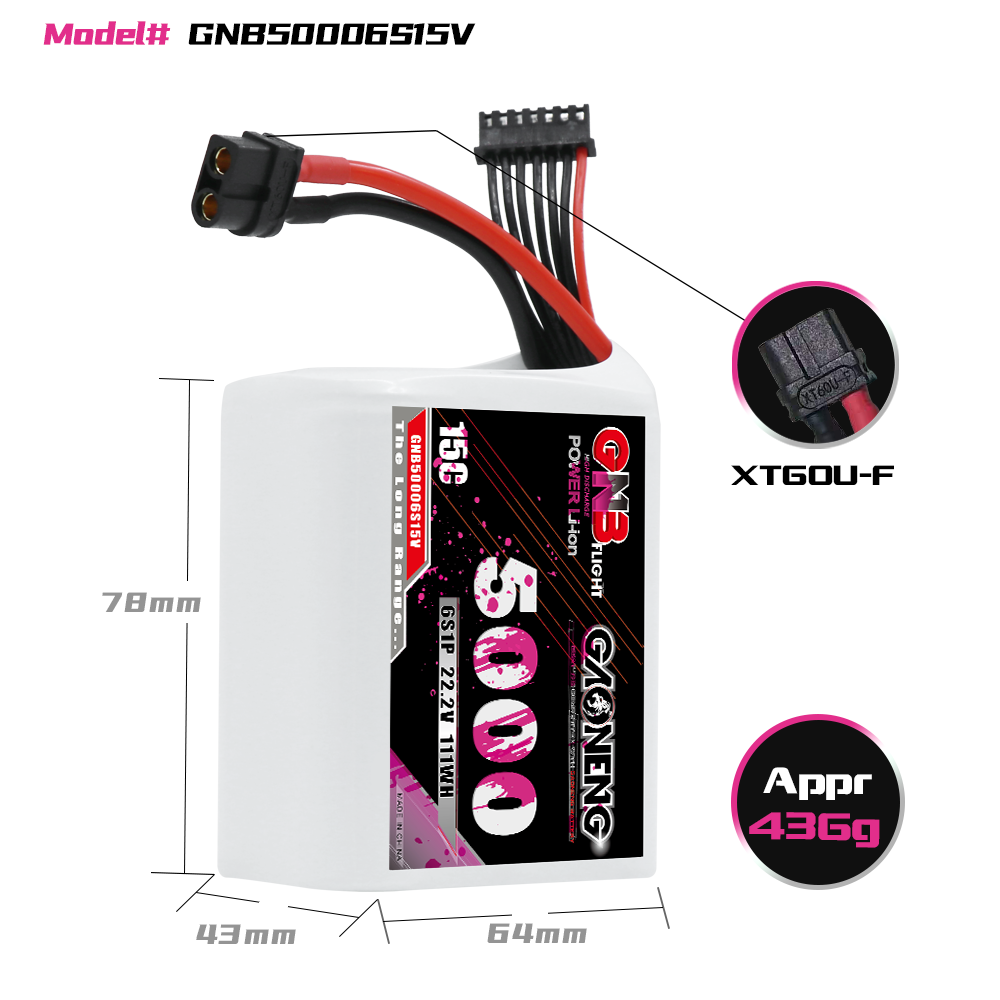 GAONENG GNB 6S1P 22.2V 5000mAh 15C XT60 Li-ion Battery 
