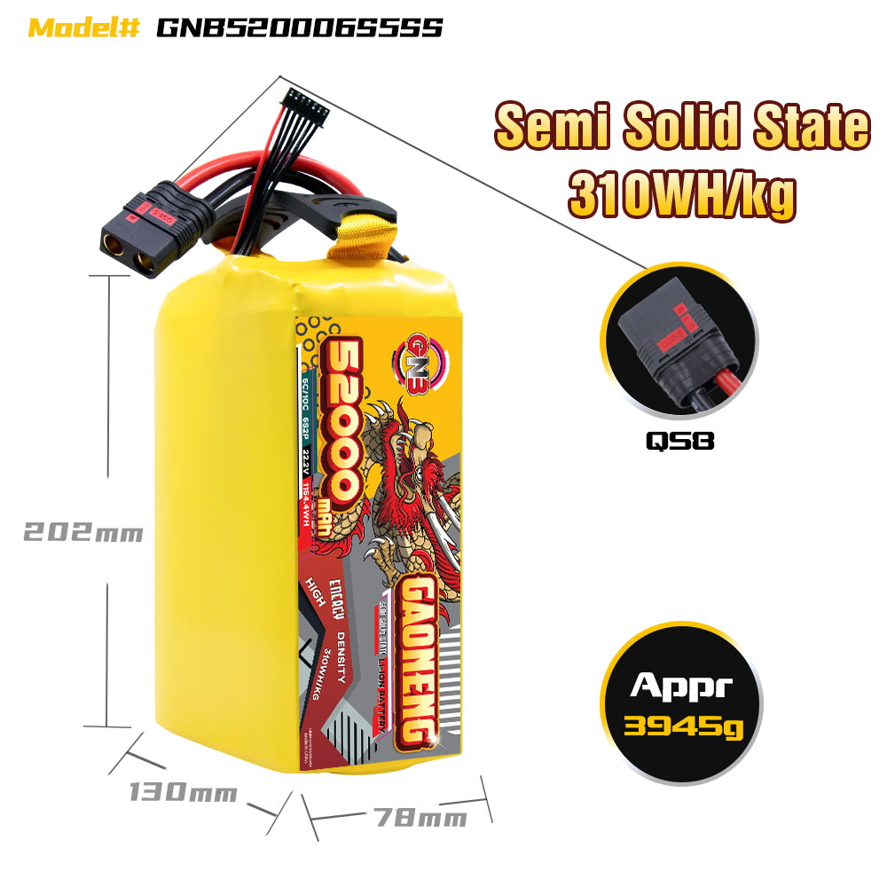 GAONENG GNB 52000mah 6S 22.2V 5C QS8 Semi Solid State Li-ion Battery 310WH/kg