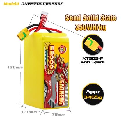 GAONENG GNB 52000mah 6S 22.2V 5C XT90S Semi Solid State Li-ion Battery 350WH/kg
