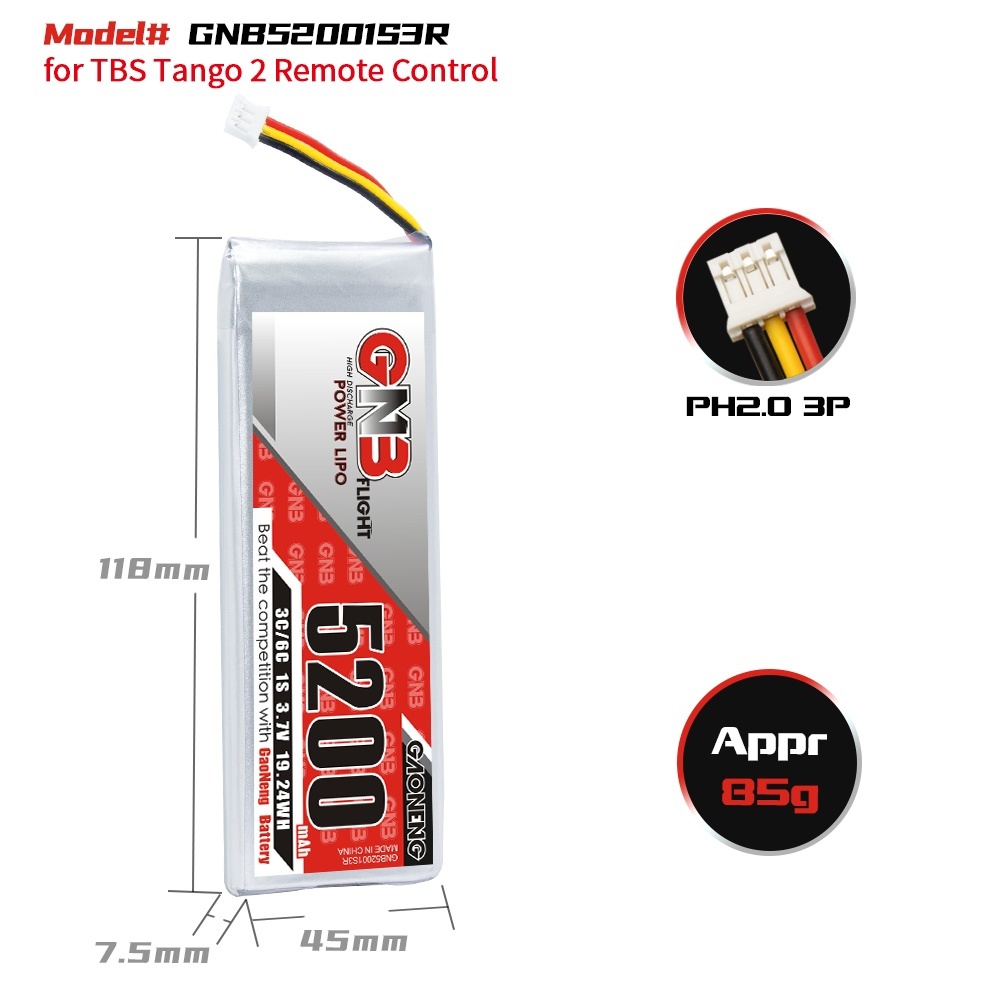 2PCS - GAONENG GNB 1S 3.7V 5200mah 3C LiPo Battery PH2.0 3Pin for TBS Tango 2 Remote Control
