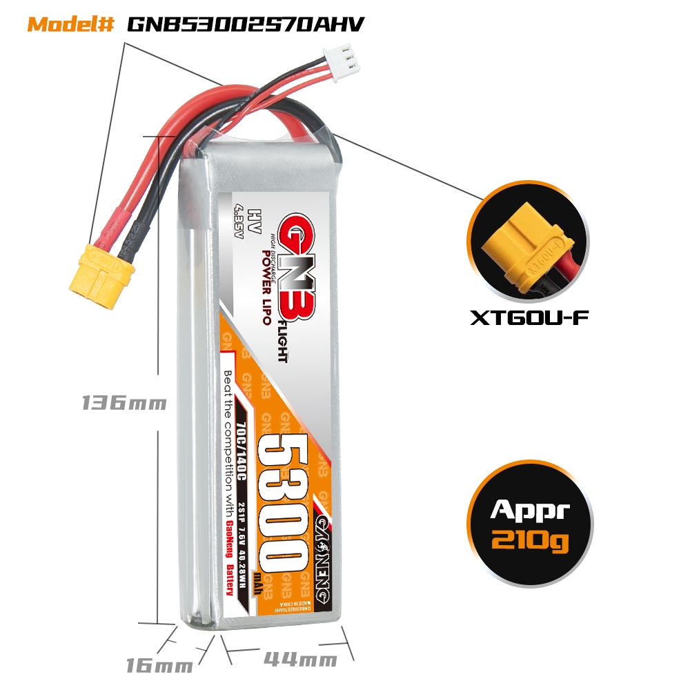 GAONENG GNB HV 2S 7.6V 5300mAh 70C LiPo Battery XT60