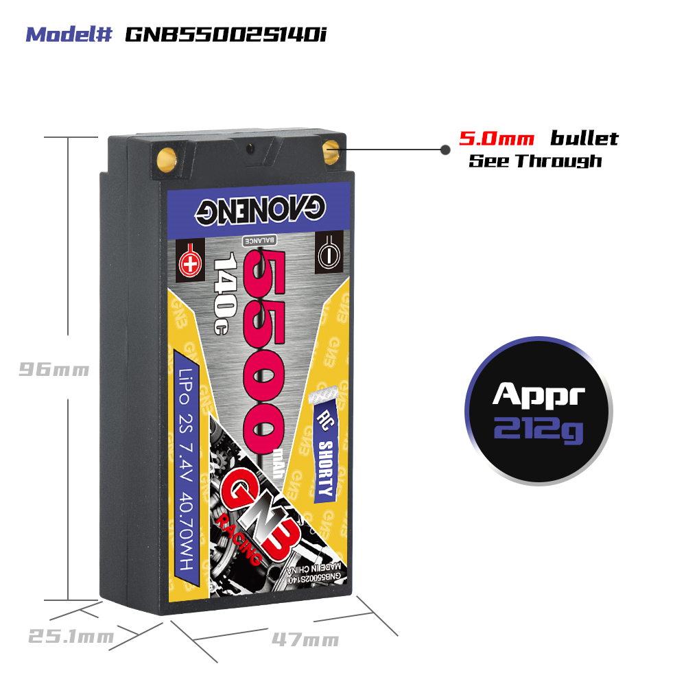 GAONENG GNB 2S 7.4V 5500mAh 140C Shorty Pack 5mm Bullet Hard Case LiPo Battery