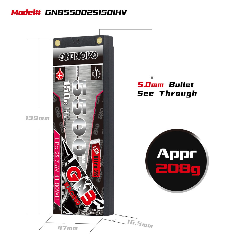GAONENG GNB LiHV 2S 7.6V 5500mAh 150C LCG Shorty Pack 5mm Bullet Hard Case LiPo Battery