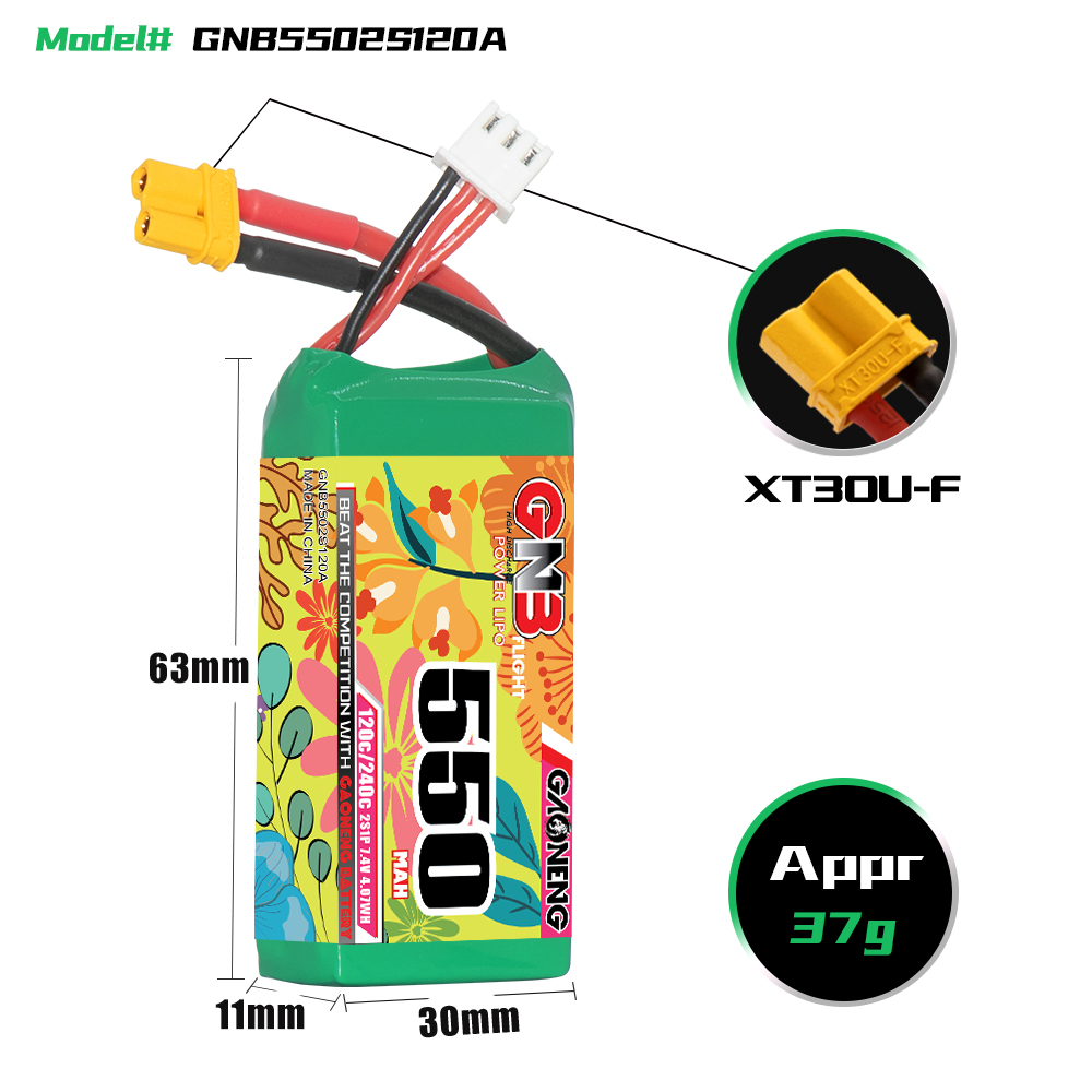 GAONENG GNB 2S 7.4V 550mAh 120C XT30 LiPo Battery
