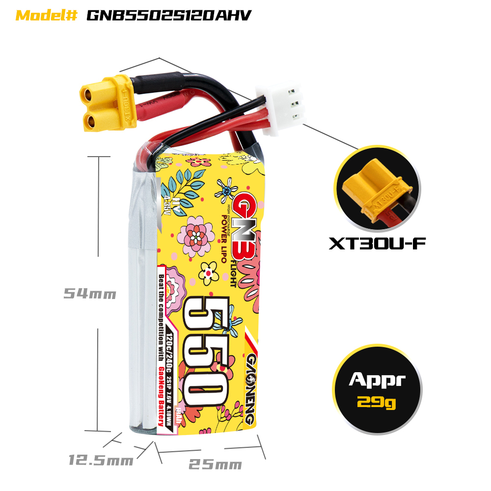 GAONENG GNB LiHV 2S 7.6V 550mah120C XT30 LiPo Battery