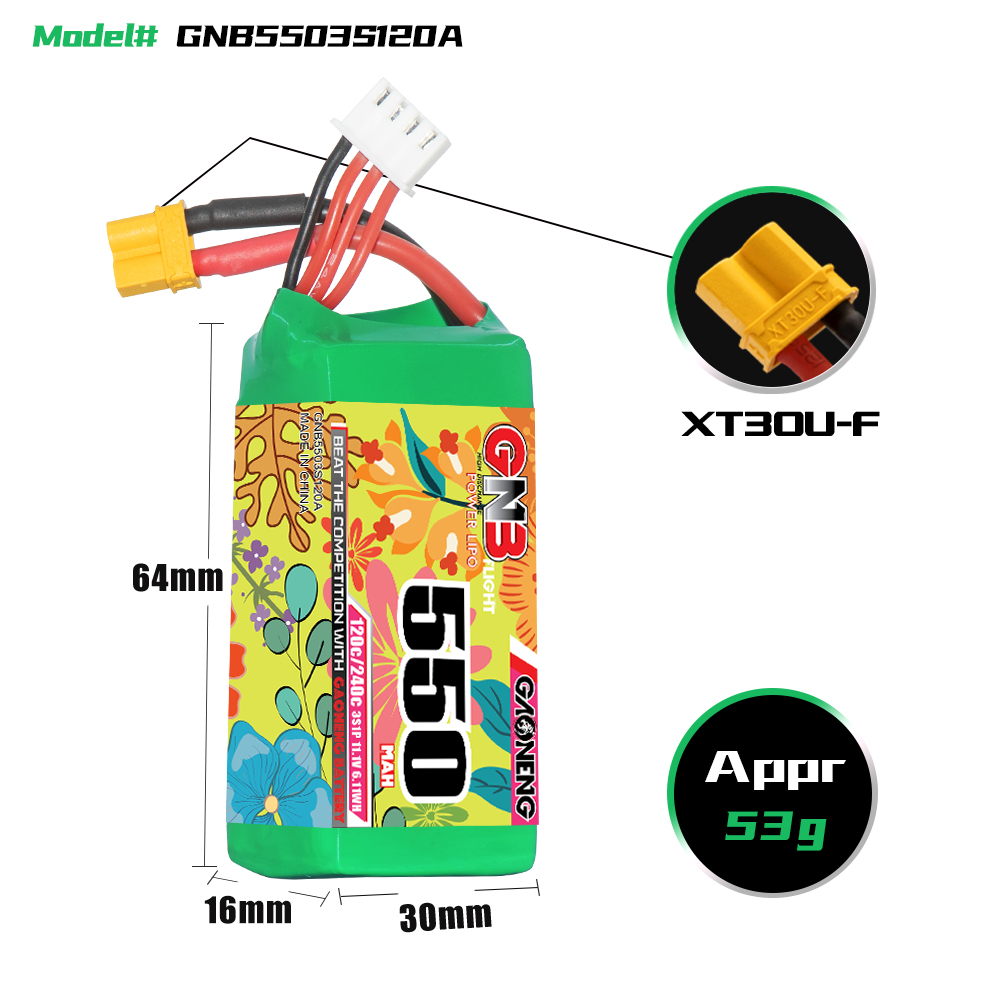 GAONENG GNB 3S 11.1V 550mAh 120C XT30 LiPo Battery