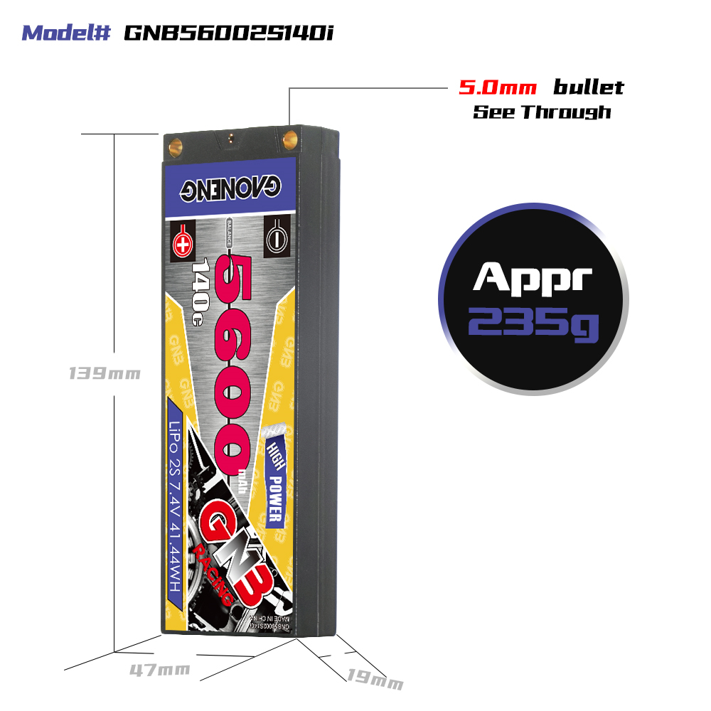 GAONENG GNB 2S 7.4V 5600mAh 140C LCG 5mm Bullet Hard Case LiPo Battery