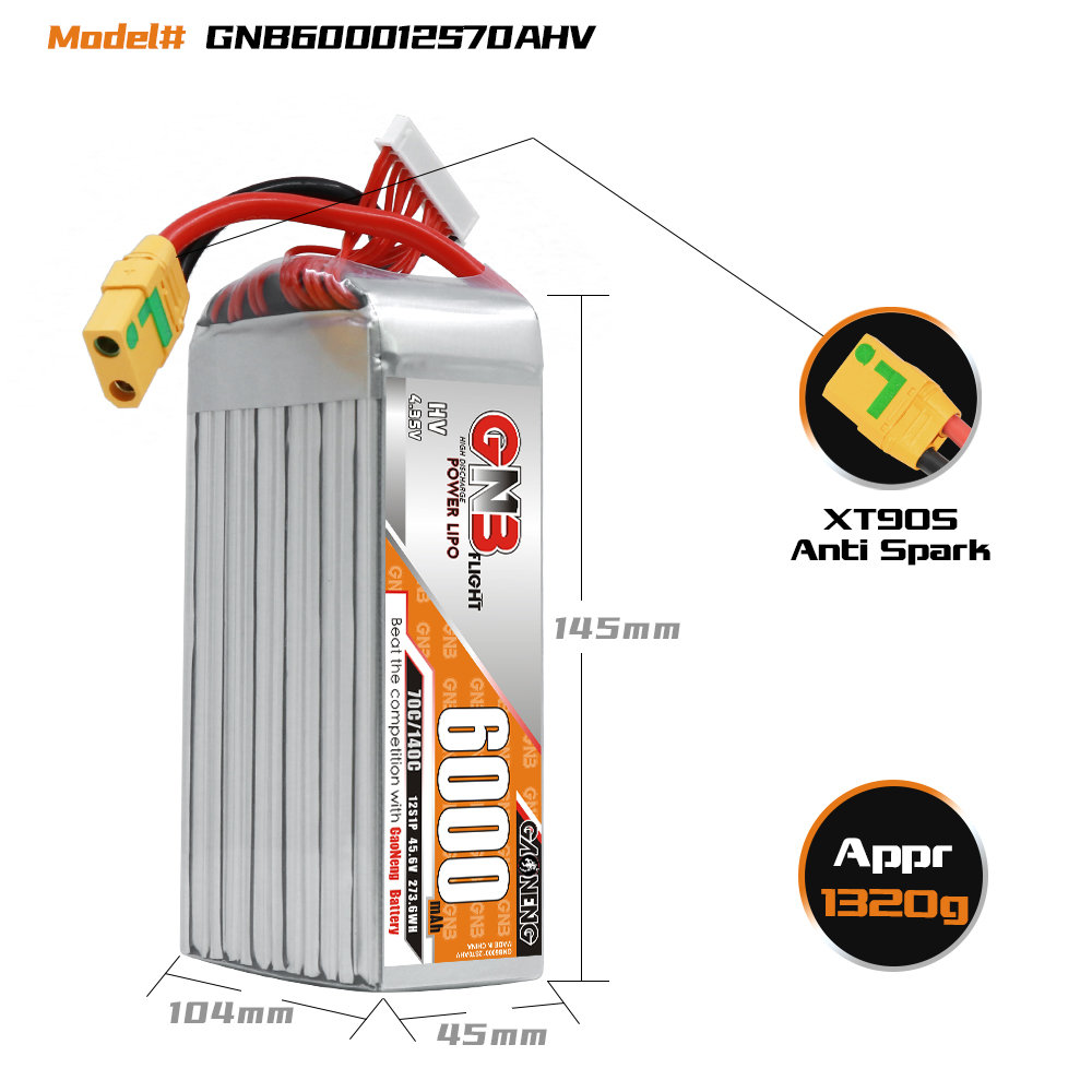 GAONENG GNB 12S1P 45.6V HV 6000mAh 70C LiPo Battery XT90S