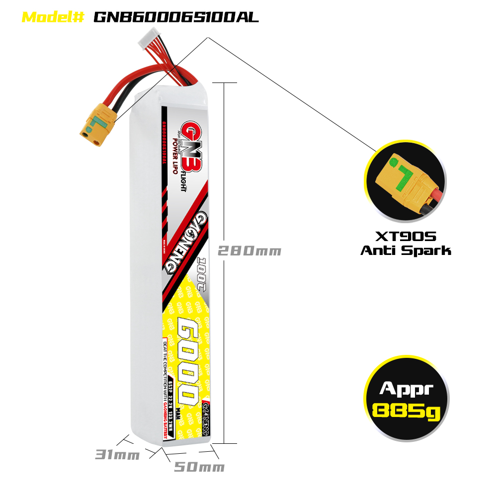 GAONENG GNB 6S 6S2P 22.2V 6000mAh 100C LiPo Battery XT90S