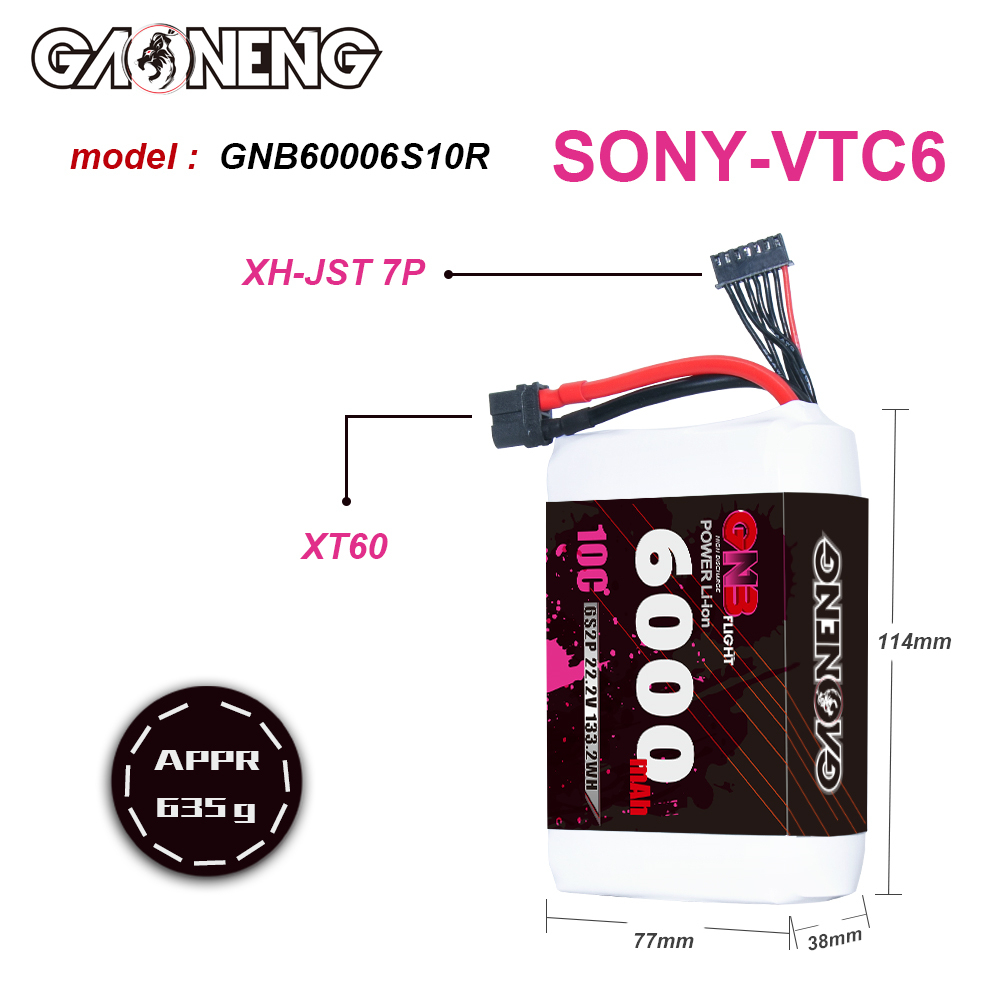 GAONENG GNB 6S 22.2V 6000mAh 10C XT60 Li-ion Battery made with Sony 18650 VTC6