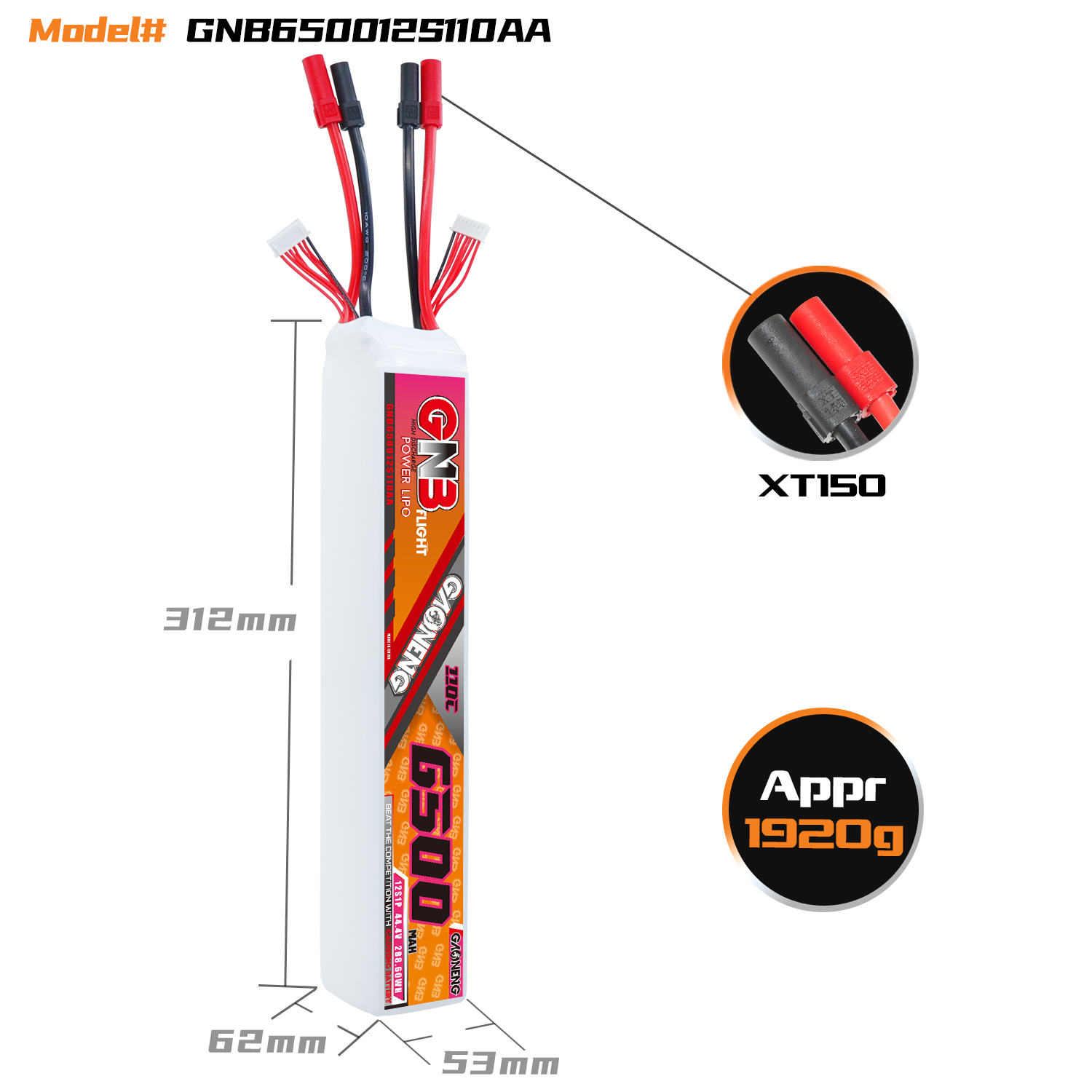 GAONENG GNB 12S 44.4V 6500mah 110C LiPo Battery XT150