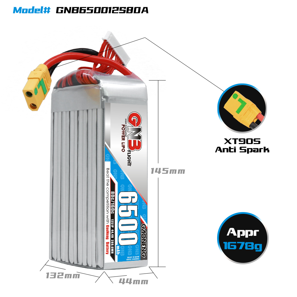 GAONENG GNB 12S1P 44.4V 6500mAh 80C LiPo Battery XT90S