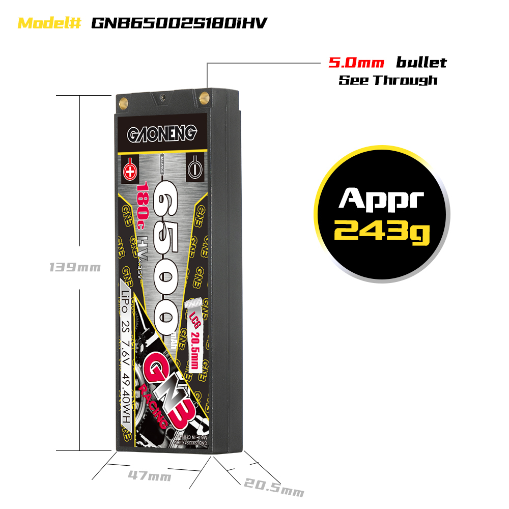 GAONENG GNB 2S 7.6V 6500mAh 180C  5mm Bullet Hard Case LiPo Battery LCG