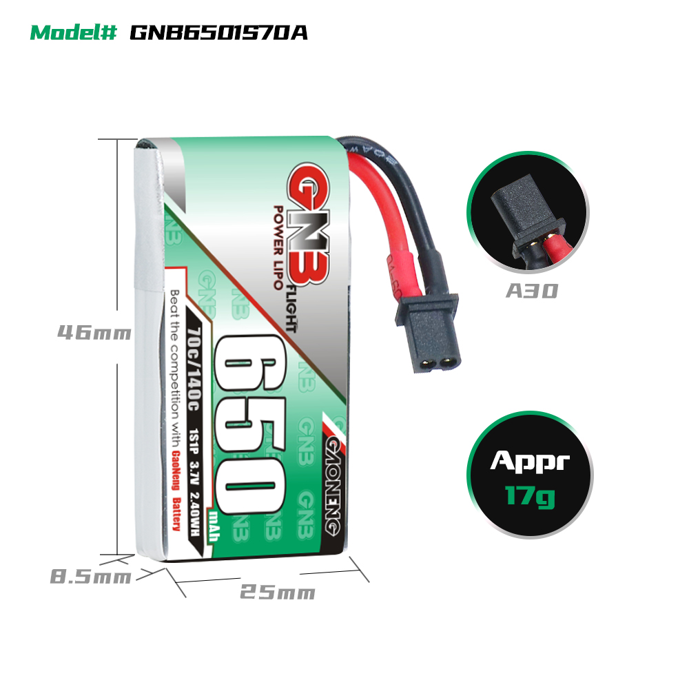 [Copy]GAONENG GNB 1S 3.7V 650mAh 70C A30 LiPo Battery