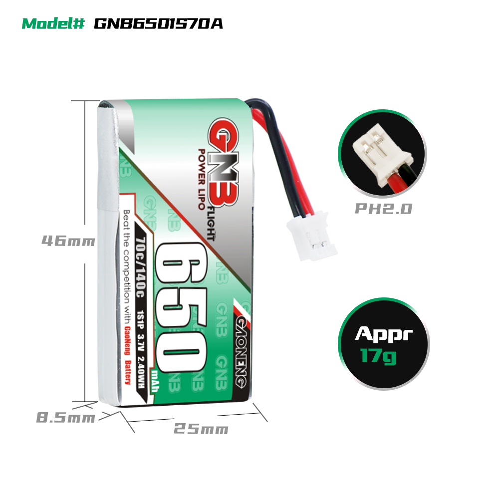 GAONENG GNB 1S 3.7V 650mAh 70C PH2.0 LiPo Battery