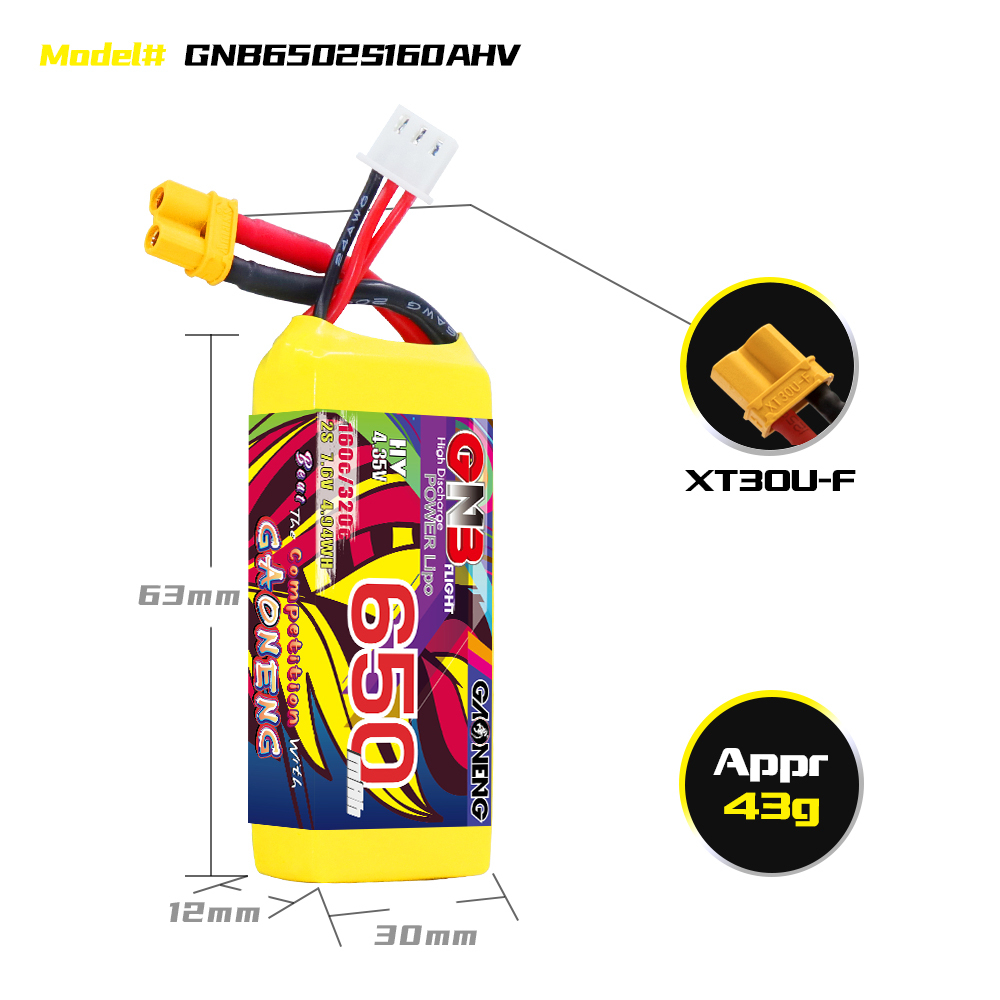 GAONENG GNB LiHV 2S 7.6V 650mAh 160C XT30 LiPo Battery