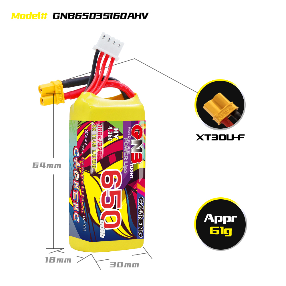 GAONENG GNB LiHV 3S 11.4V 650mAh 160C XT30 LiPo Battery