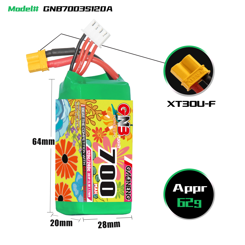 GAONENG GNB 3S 11.1V 700mAh 120C XT30 LiPo Battery