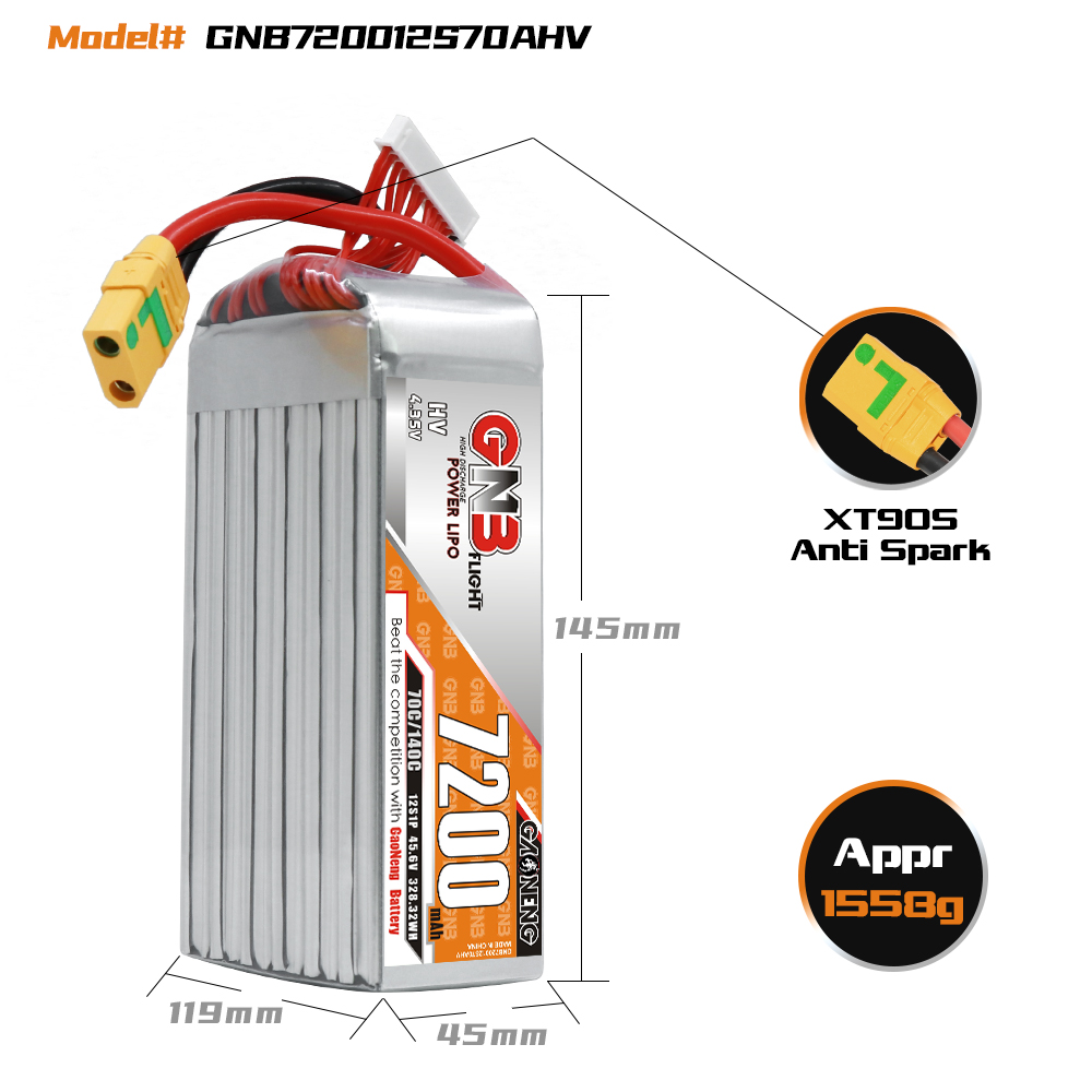 GAONENG GNB 12S1P 45.6V HV 7200mAh 70C LiPo Battery XT90S