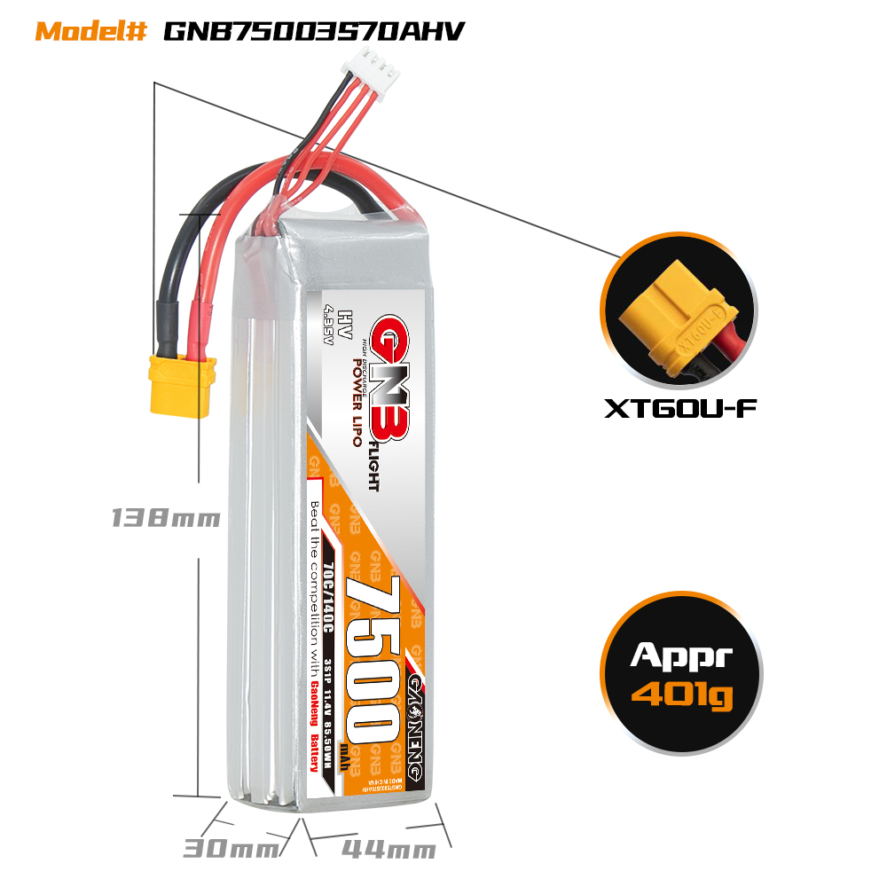 GAONENG GNB HV 3S 11.4V 7500mAh 70C LiPo Battery XT60