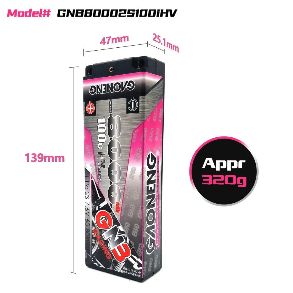 GAONENG GNB LiHV 2S 7.6V 8000mAh 100C 5mm Bullet Hard Case LiPo Battery