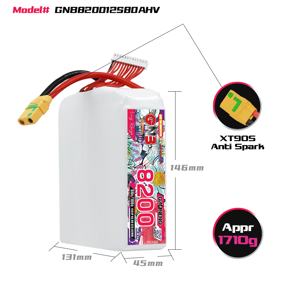 GAONENG GNB 12S1P 45.6V HV 8200mAh 80C LiPo Battery XT90S
