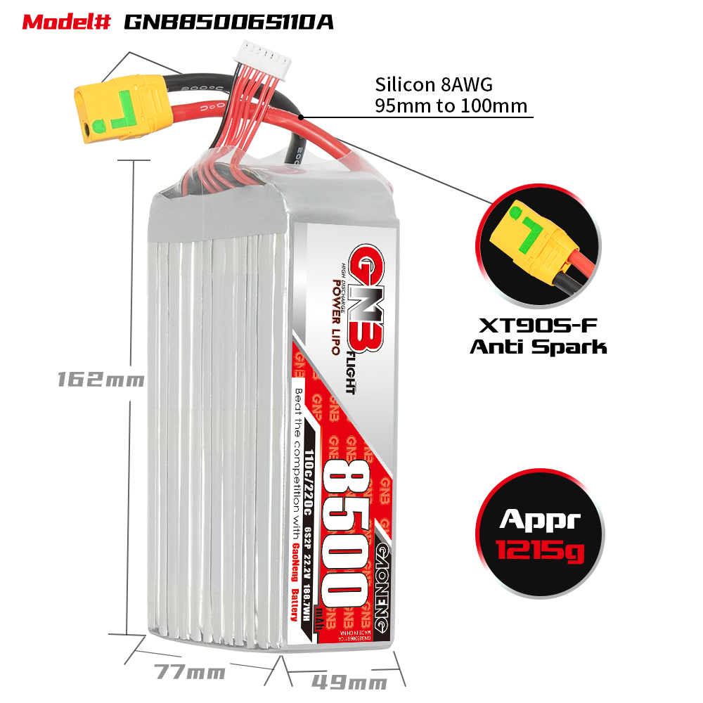 GAONENG GNB 6S 22.2V 8500mAh 110C RC LiPo Battery XT90S Anti Spark