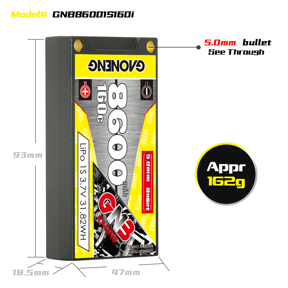 GAONENG GNB 1S 3.7V 8600mAh 160C 5mm Bullet Hard Case LiPo Battery