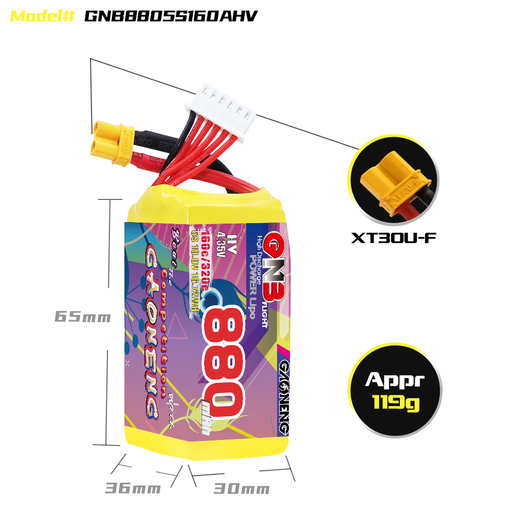 GAONENG GNB LiHV 5S 19V 880mah 160C XT30 LiPo Battery