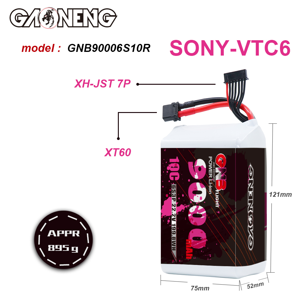 GAONENG GNB 6S 22.2V 9000mAh 10C XT60 Li-ion Battery made with 18650 Sony VTC6