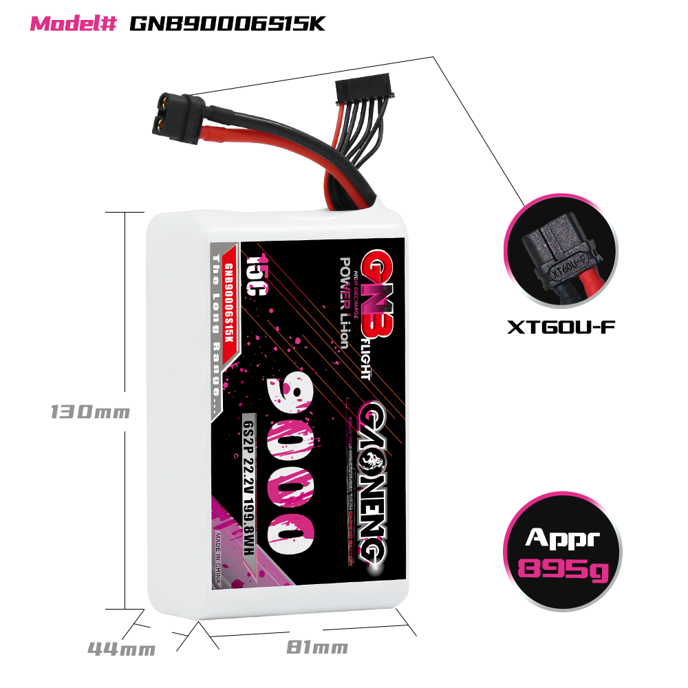 GAONENG GNB 6S 22.2V 9000mah 15C XT60 Li-ion Battery