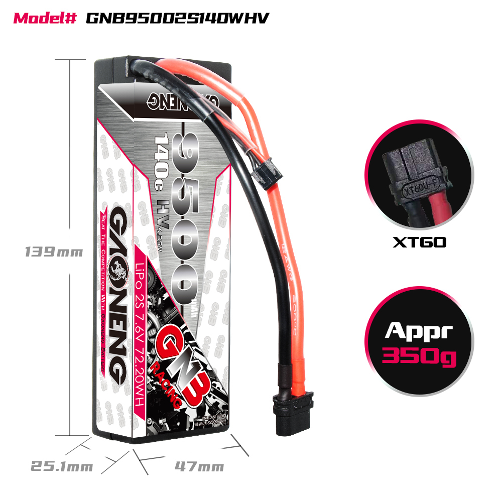 GAONENG GNB LiHV 2S 7.6V 9500mAh 140C Cabled Hard Case LiPo Battery XT60