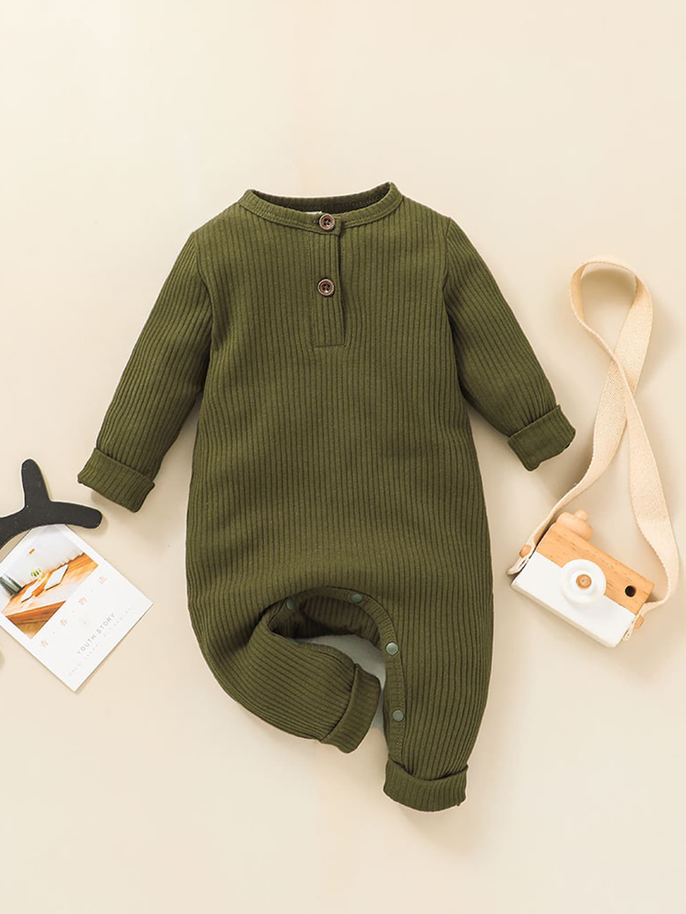 Baby Army Green Solid Half Button Jumpsuit