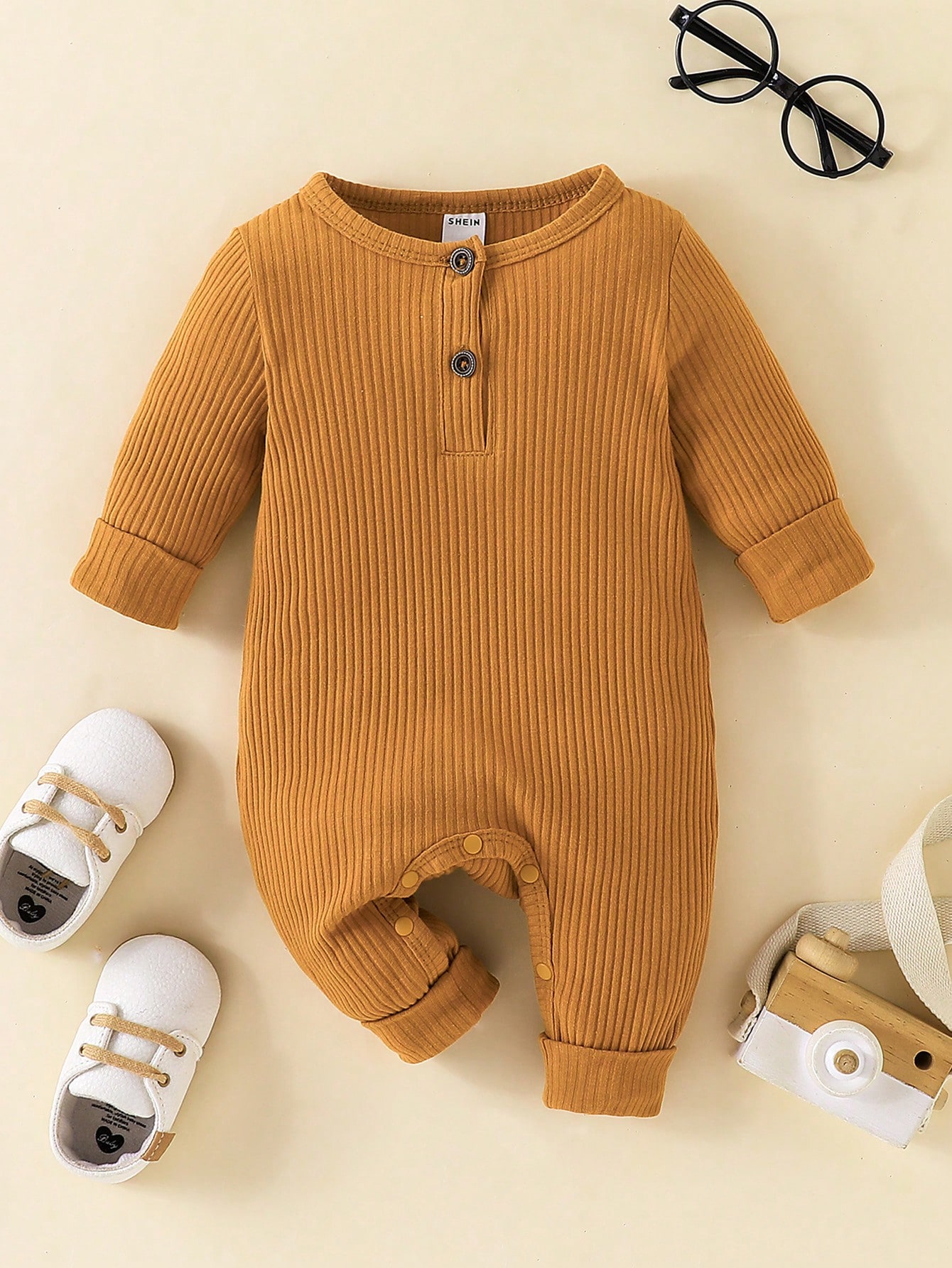 Baby Brown Button Half Placket Ribbed Knit Jumpsuit