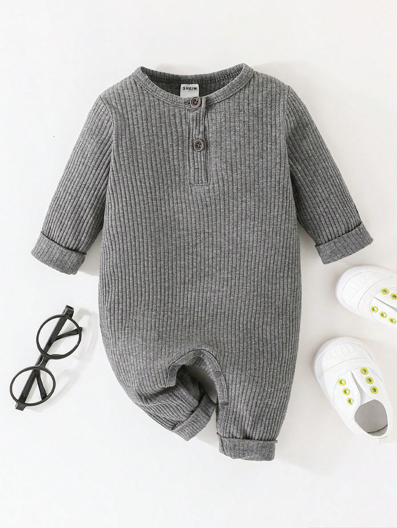 Baby Grey Solid Half Button Jumpsuit