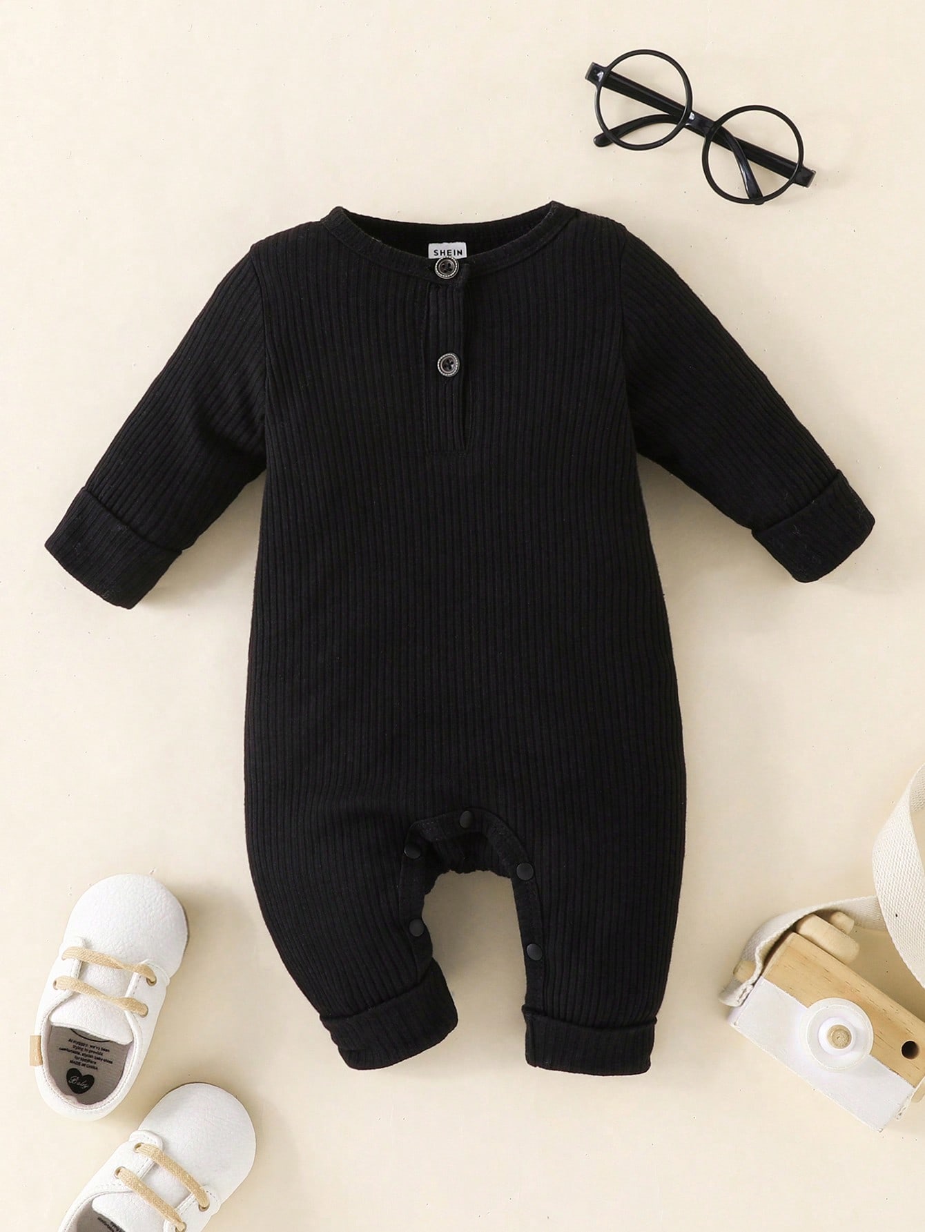 Baby Black Solid Half Button Jumpsuit