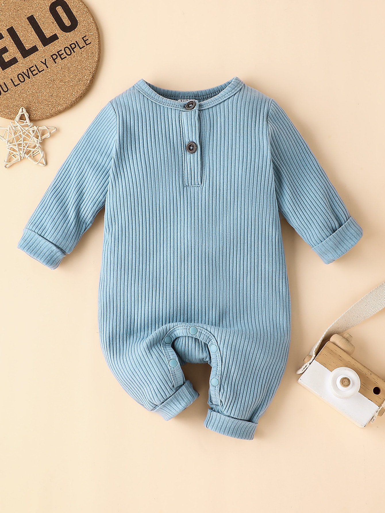 Baby Blue Button Half Placket Ribbed Knit Jumpsuit
