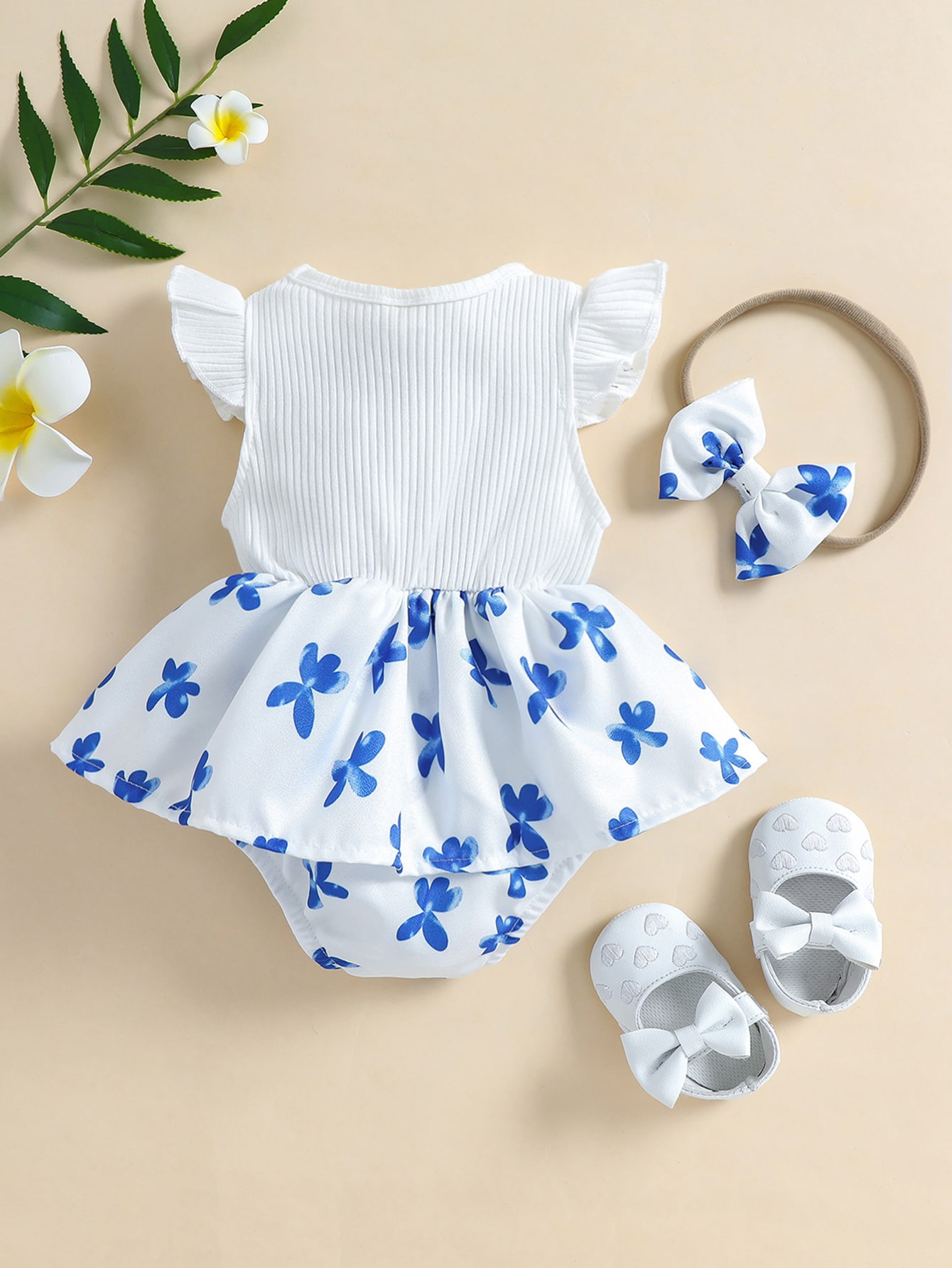 Baby Girl Floral Print Combo Bodysuit Dress With Headband