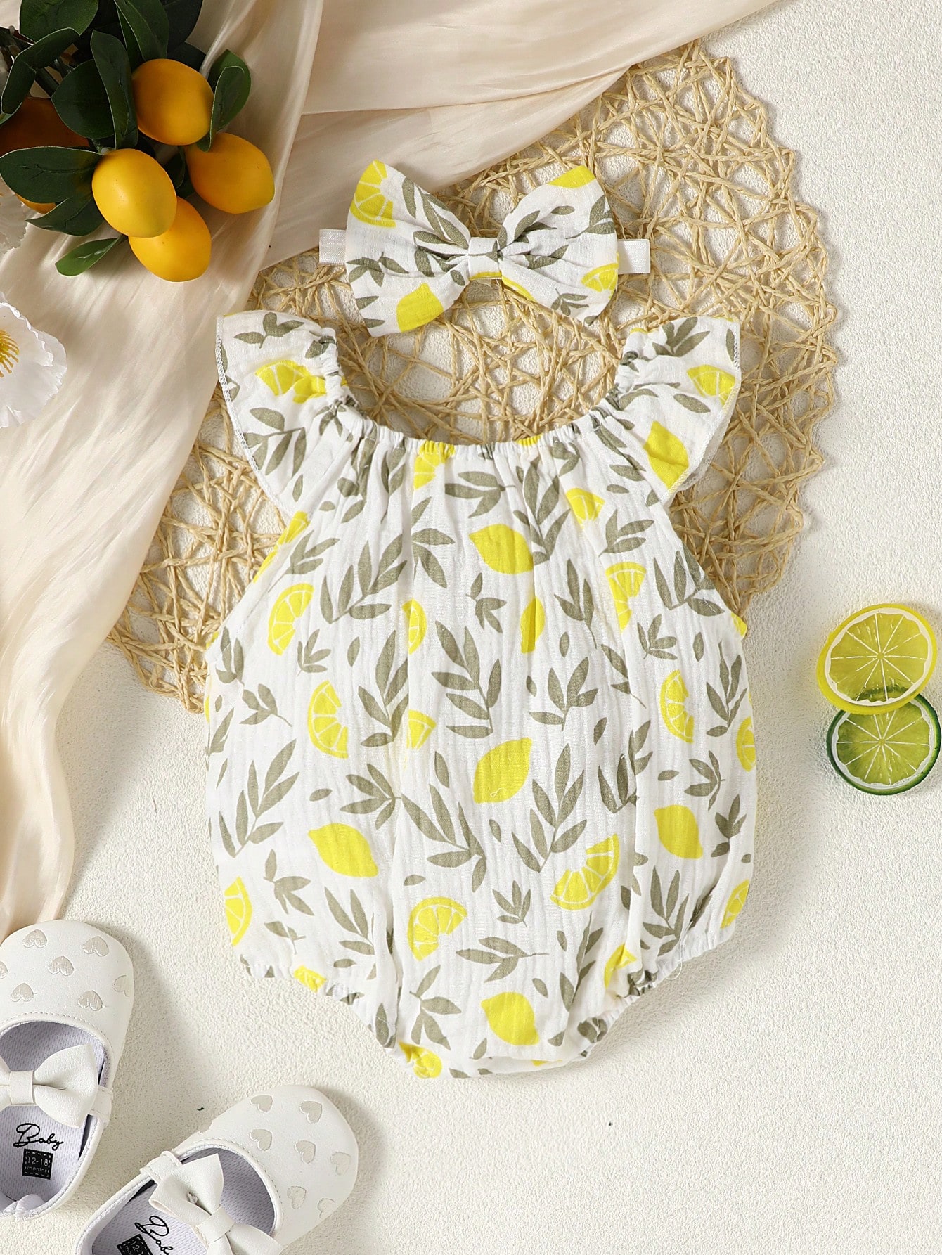 Baby Girl Lemon Print Ruffle Trim Bodysuit & Headband