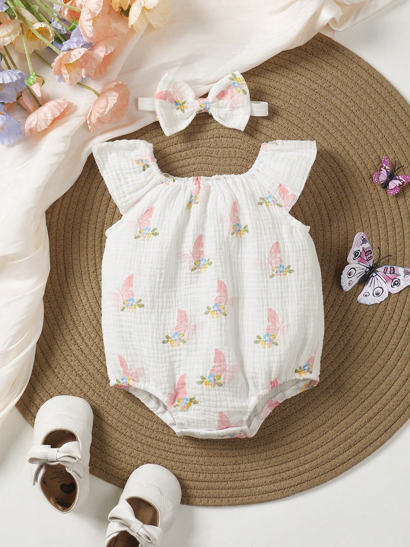 Butterfly Printed Cap Sleeve Bodysuit For Baby Girls