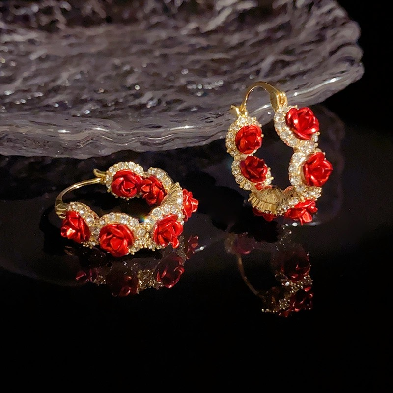 Chic French romantic red rose earrings