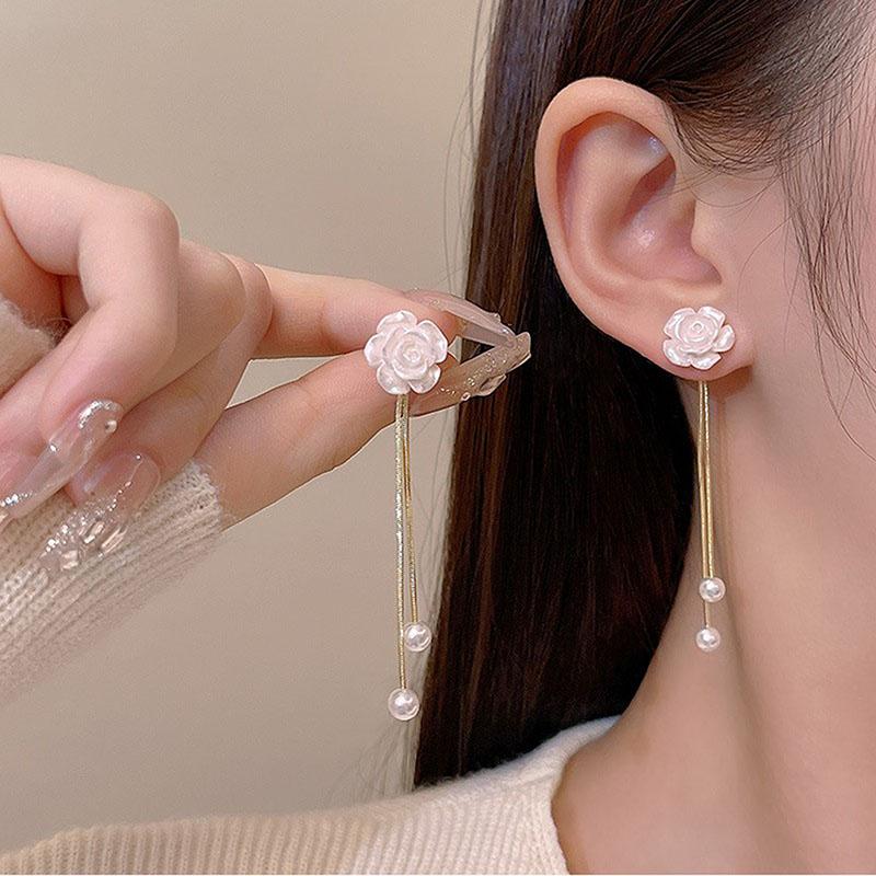 Fashion Simple White Camellia Tassel Earrings for Women