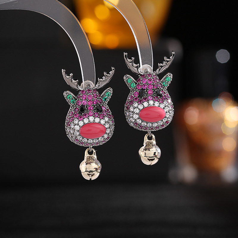 Colorful Zirconia Christmas Bells Moose Earrings