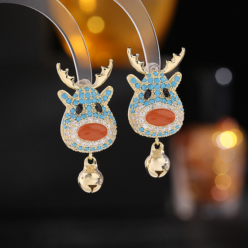 Colorful Zirconia Christmas Bells Moose Earrings