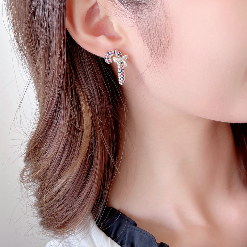Fashion Christmas Colorful Zircon Bow Decor Fairy Stick Stud Earrings