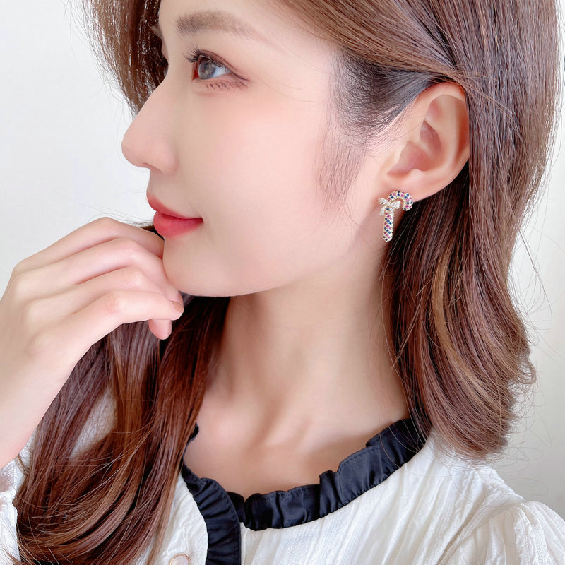 Fashion Christmas Colorful Zircon Bow Decor Fairy Stick Stud Earrings