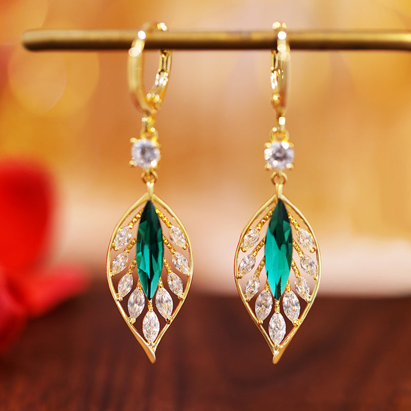 Fashionable Emerald Leaf Diamond Earrings