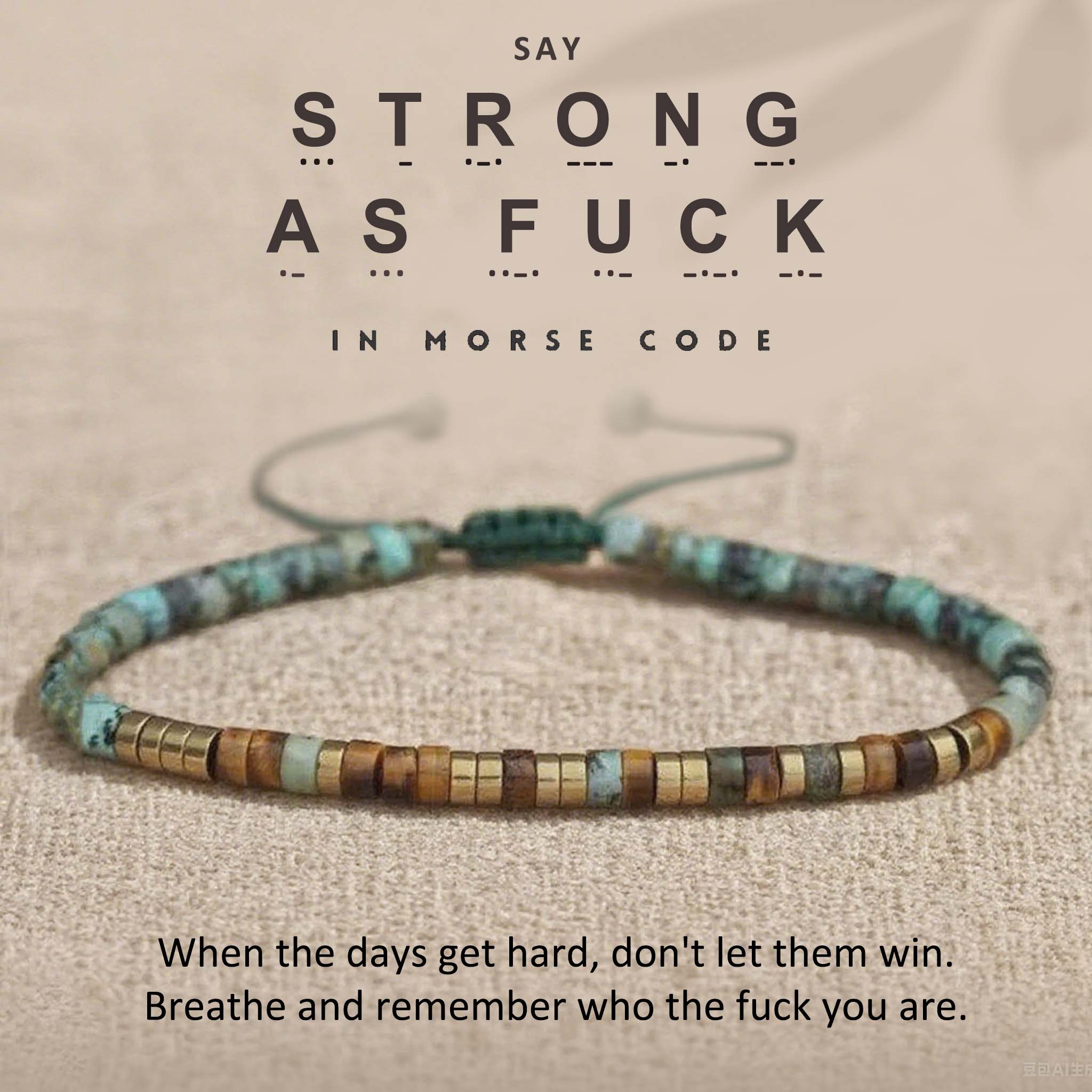 'Strong As Fuck' Morse code Motivational Bracelet with African Turquoise Tiger eye