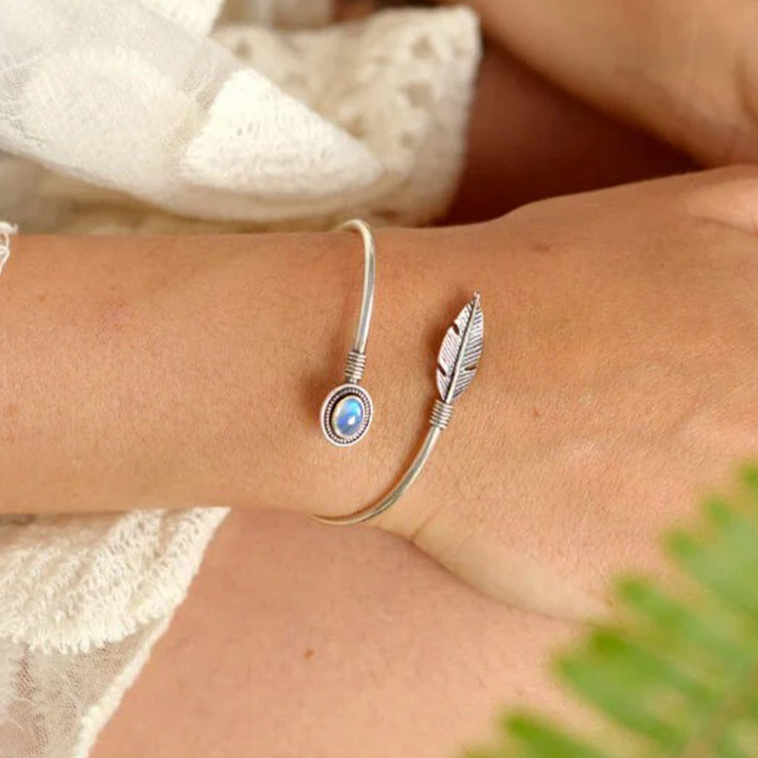 Feather Moonstone Bangle Bracelet